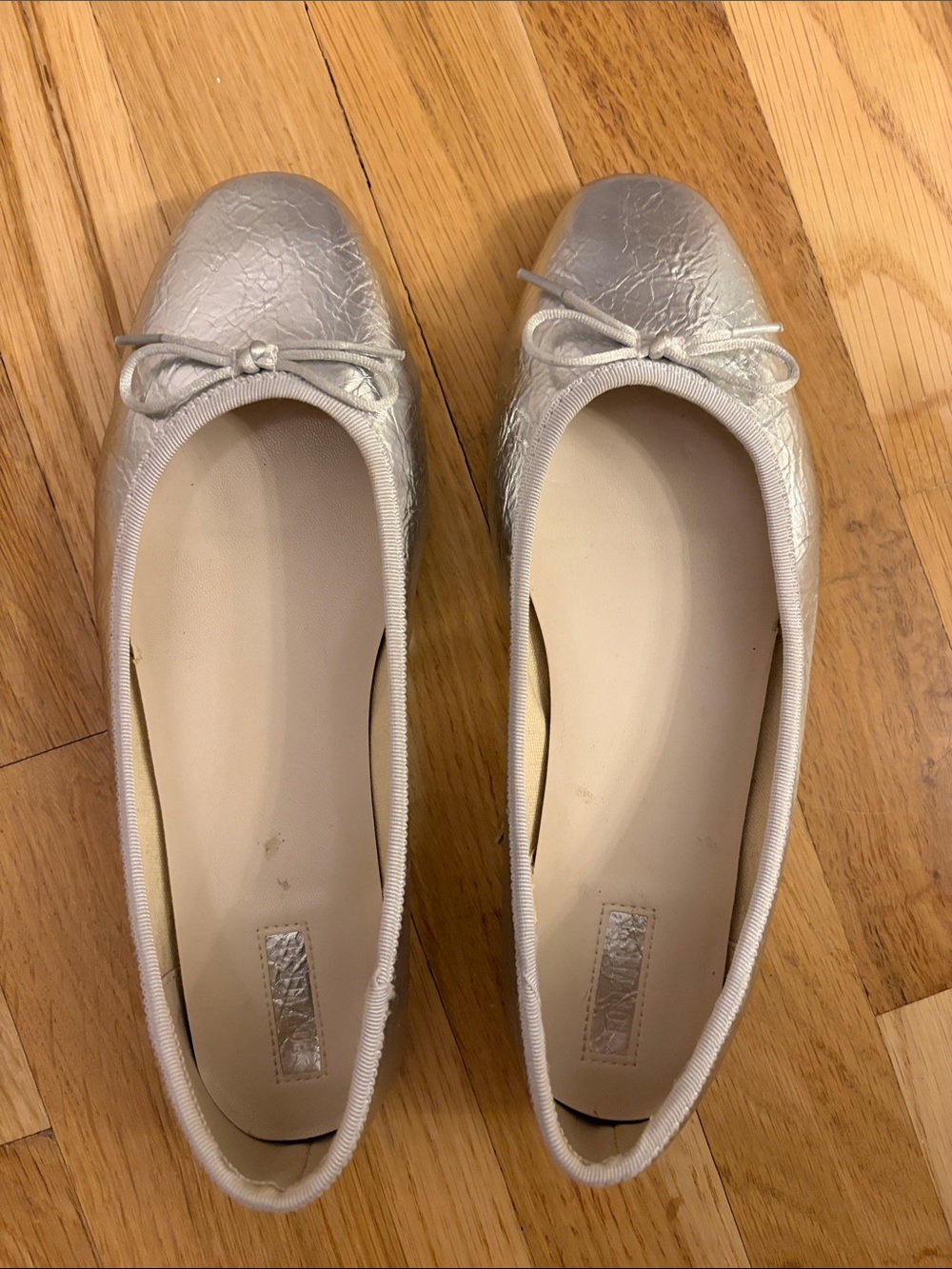 Zara Metallic Silver Ballet Flats with Bow Detail